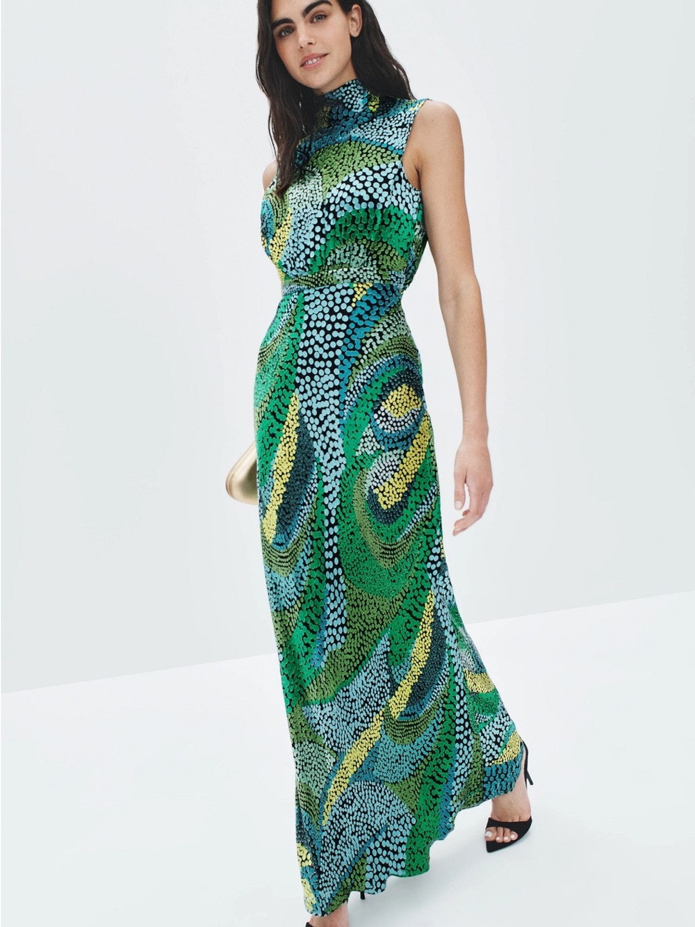 SALONI Sleeveless High-Neck Green Swirl Maxi Dress MSRP $1000
